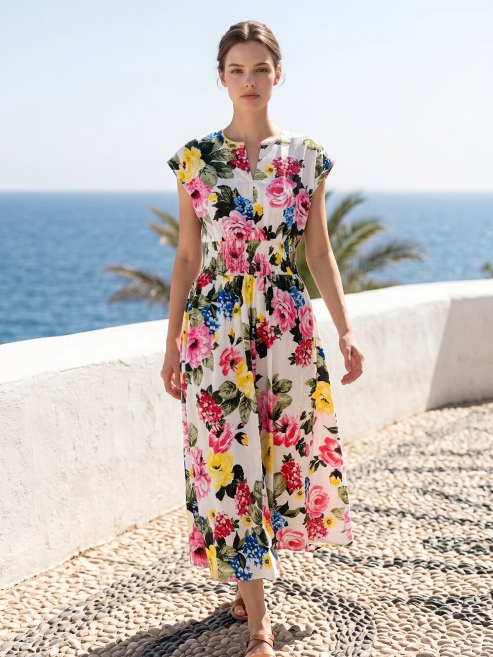 NWT Calvin Klein Floral Smocked Cotton Midi Dress Size 8 White Pink Blue